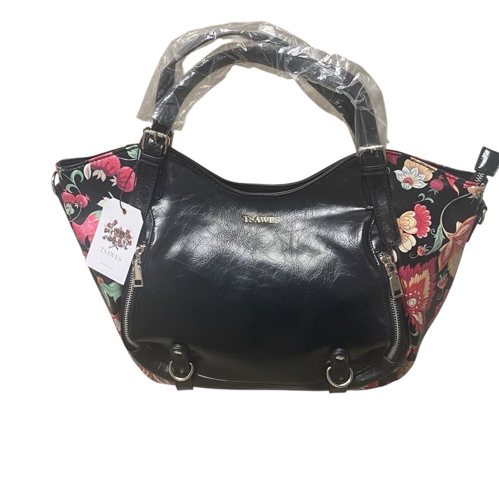 Tsawes Ladies Shoulder medium size tote/‎ crossbody black floral front pockets